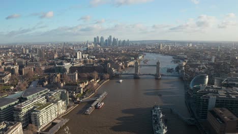 london city centre aerial panorama view: financial district, thames river, belfast, skyscrappers, warf and buildings and st. pauls cathedral, tower bridge and the tower