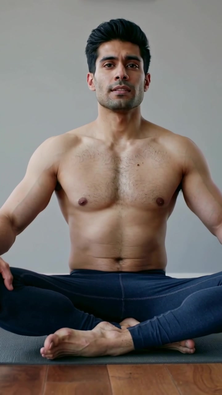 Video verticale: Uomo a torso nudo con leggings scuri che respira su un tappetino da yoga, con una presa di corrente visibile