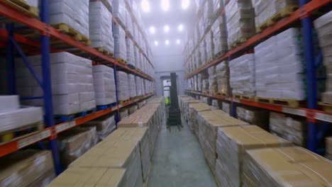 fpv drone flight between shelves of cold storage, distribution warehouse