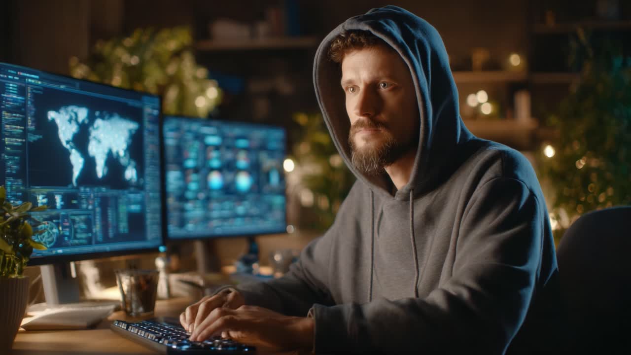 Focused Individual in a Hoodie Engaged with Technology in a Cozy Workspace Surrounded by Monitors Displaying Data and World Maps, Capturing a Moment of Concentration