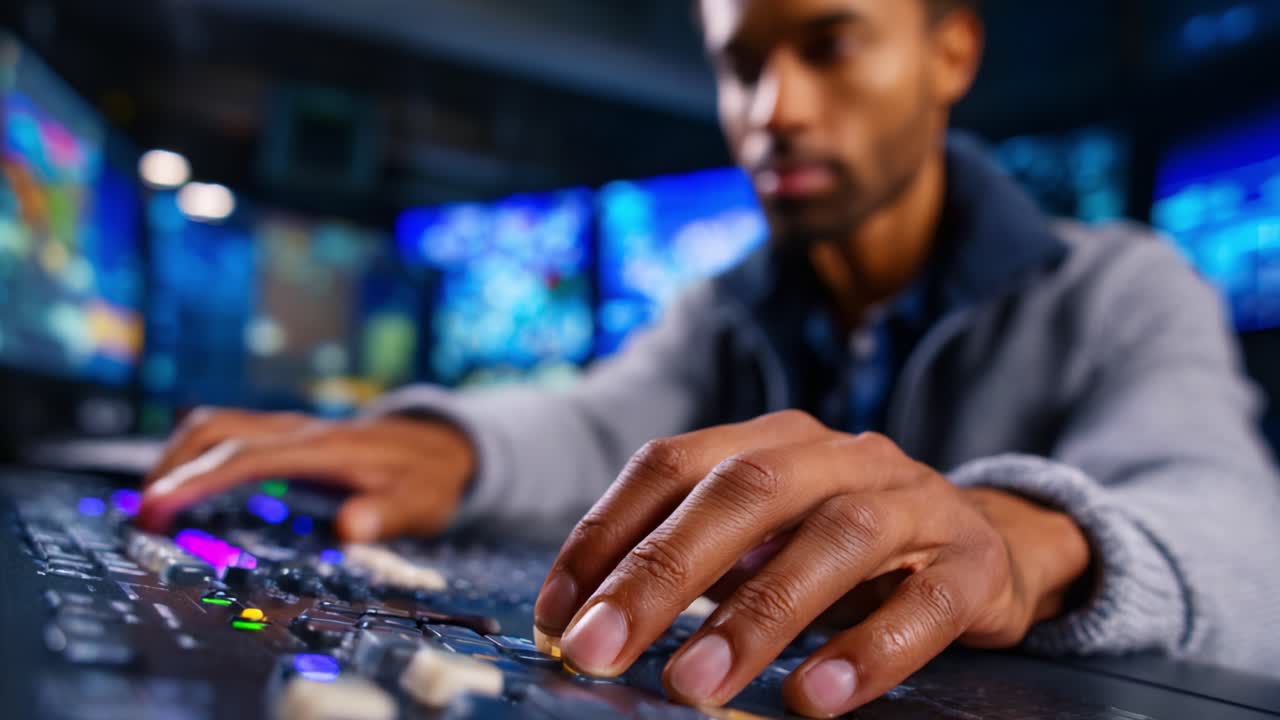 Focused Operator Adjusts Controls in a High-Tech Multimedia Environment with Vibrant Visuals Displayed on Screens in a Dynamic Setting