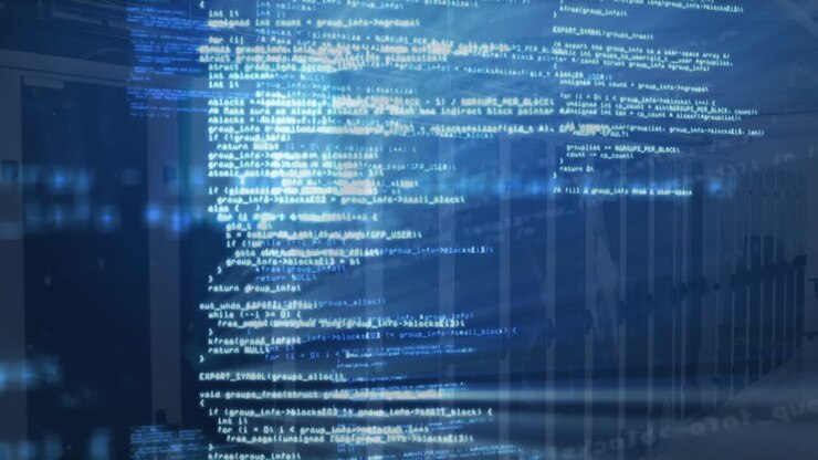 Animation of illuminated computer language against server room in background