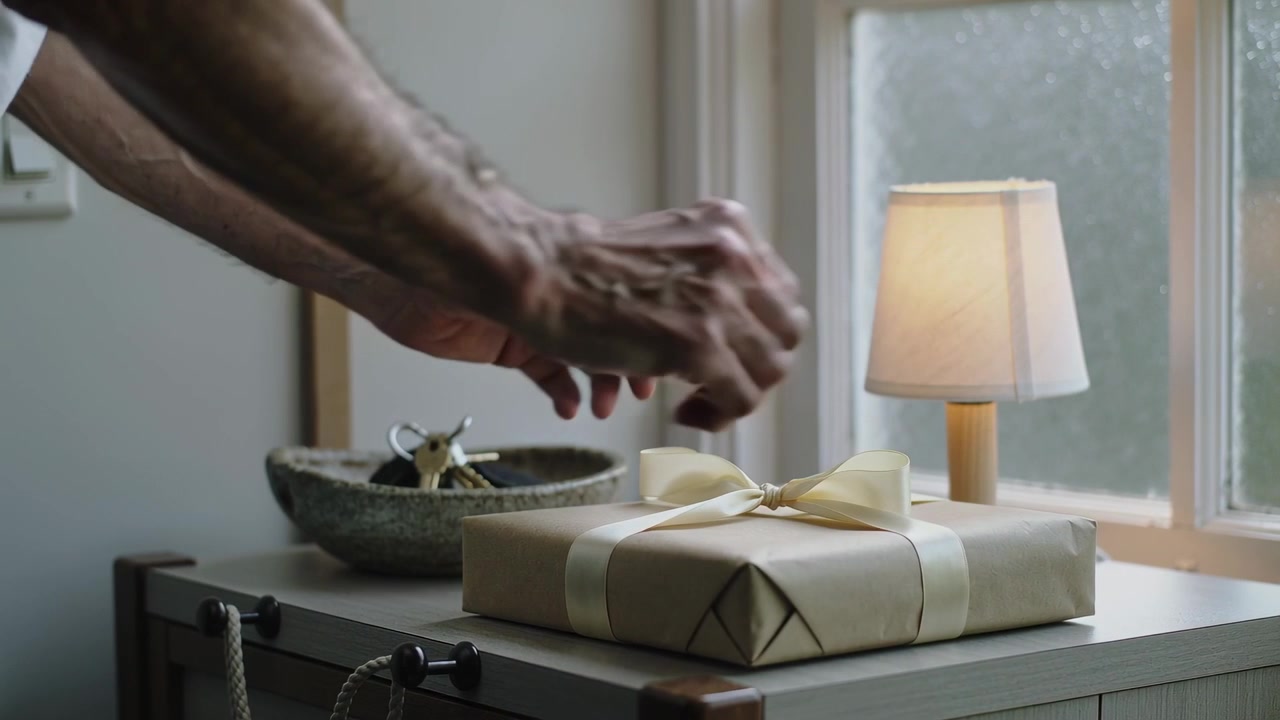 Entering senior hands wearing white shirt placing parcel on entry table, tightening ribbon for gift