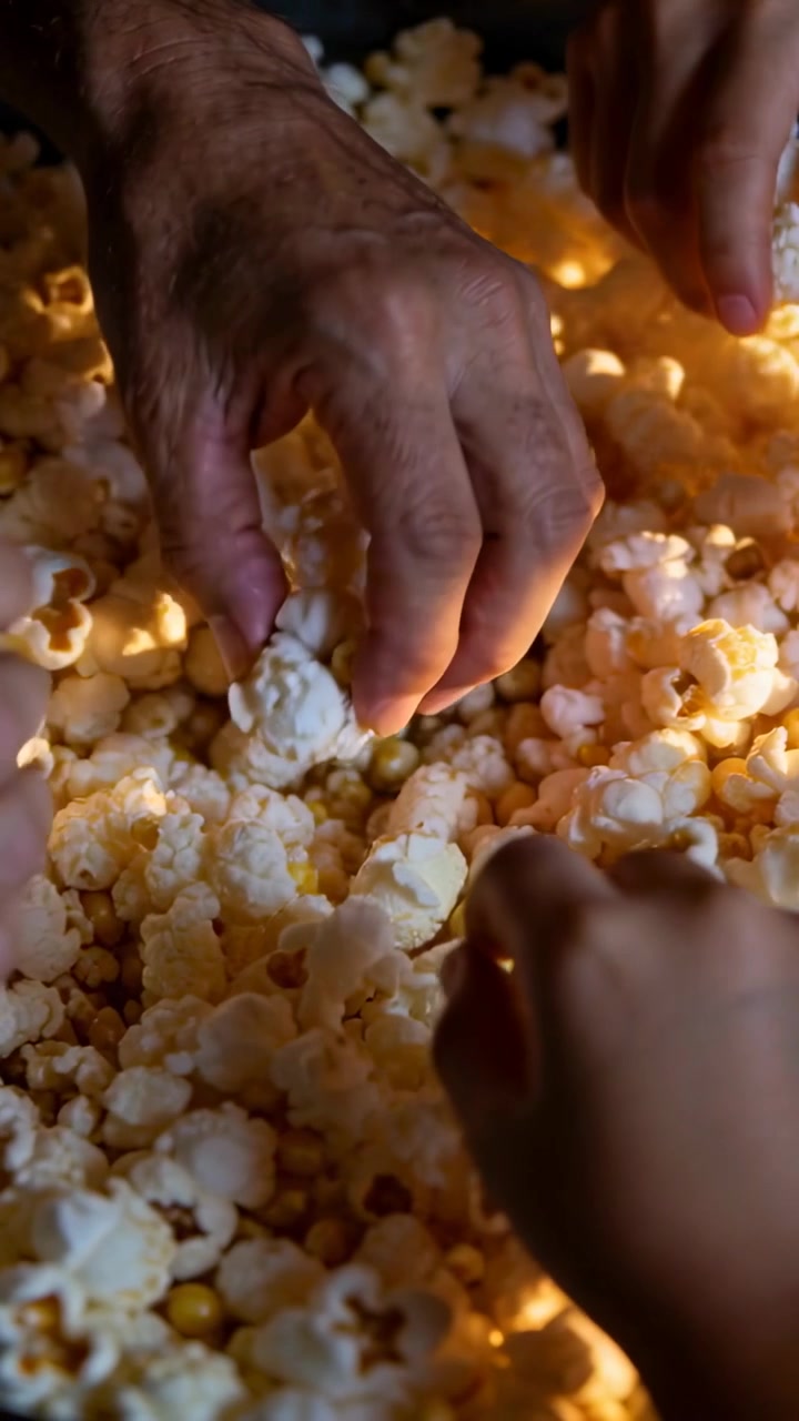 Video verticale: Mani che scendono, prendendo popcorn dal tavolo illuminato da una luce calda, condividendo uno spuntino.