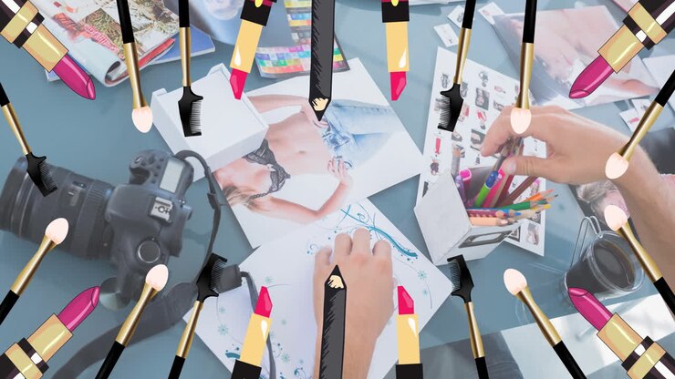 Moda stüdyosu üzerinde tekrarlanan moda ekipmanı simgeleri animasyonu