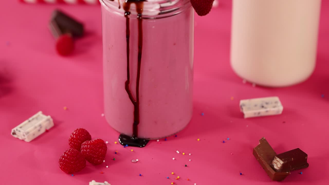 Milkshake alla fragola rosa con panna montata, sciroppo al cioccolato e codette su sfondo vivace