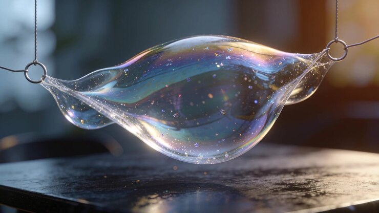 Stretching soap film hanging from metal rings over dark table under warm light, showing flecks