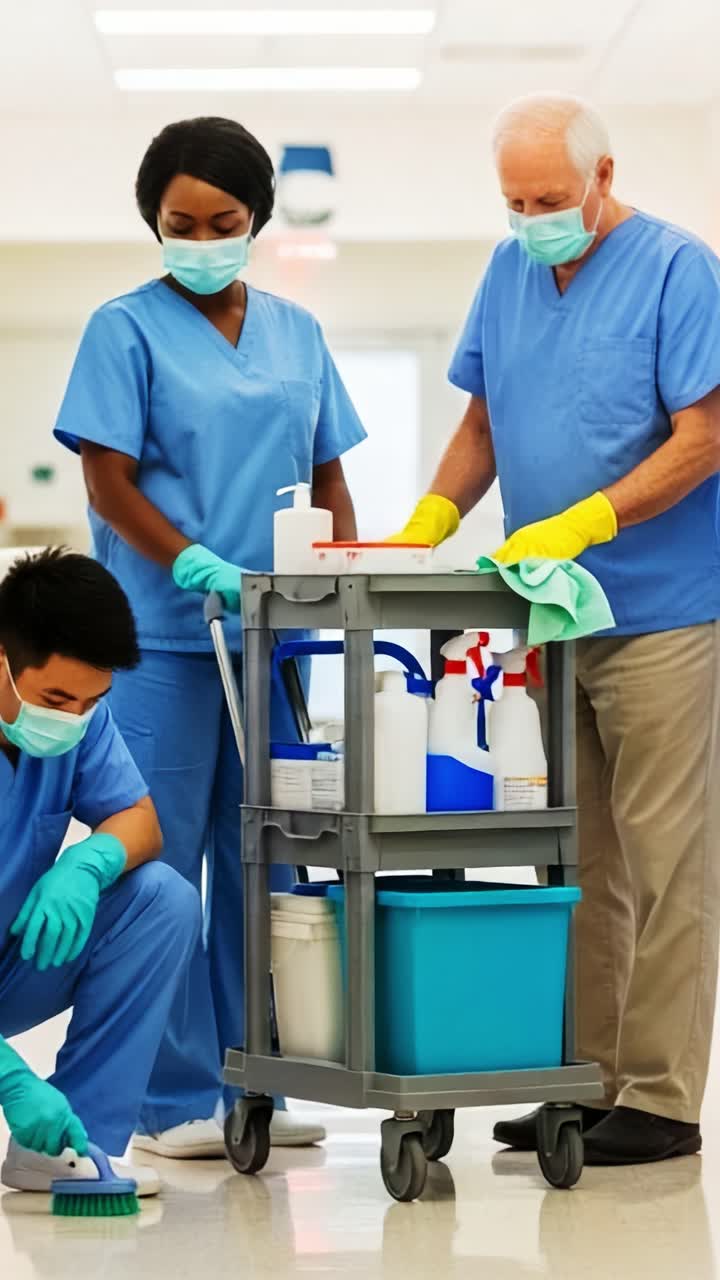 Healthcare Workers Engaged in Cleaning Tasks with Equipment and Supplies in a Medical Environment, Ensuring Hygiene and Safety Standards in Patient Care Areas