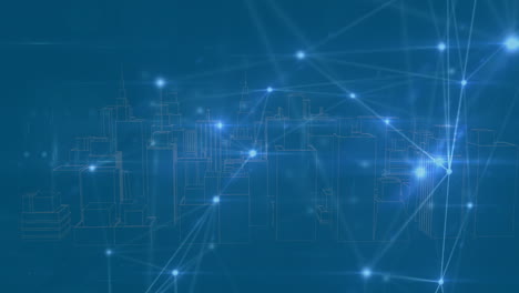animation of network of connections over digital city on blue background