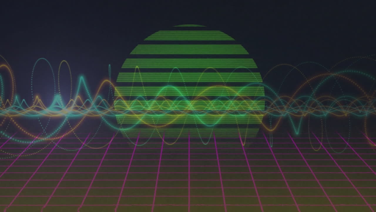 Colorful waveforms and grid animation over green striped sphere on dark background