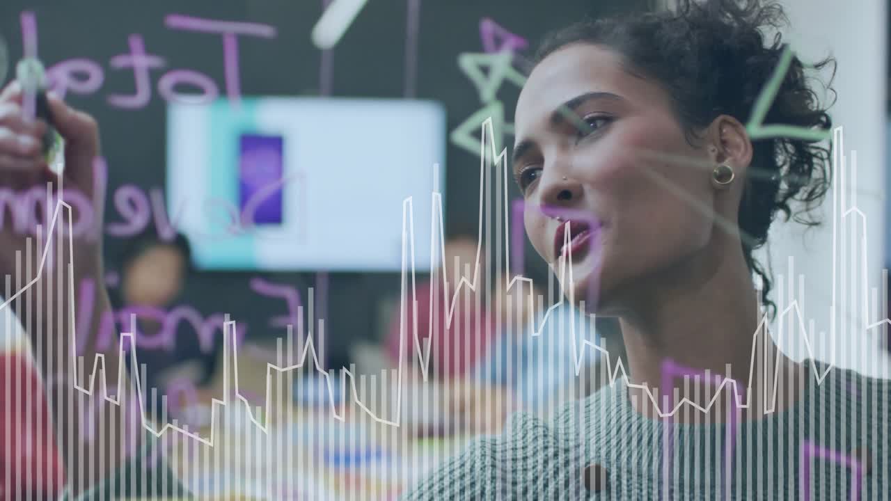 Female presenter speaking at glass board, causing waveform and markers showing phone product design