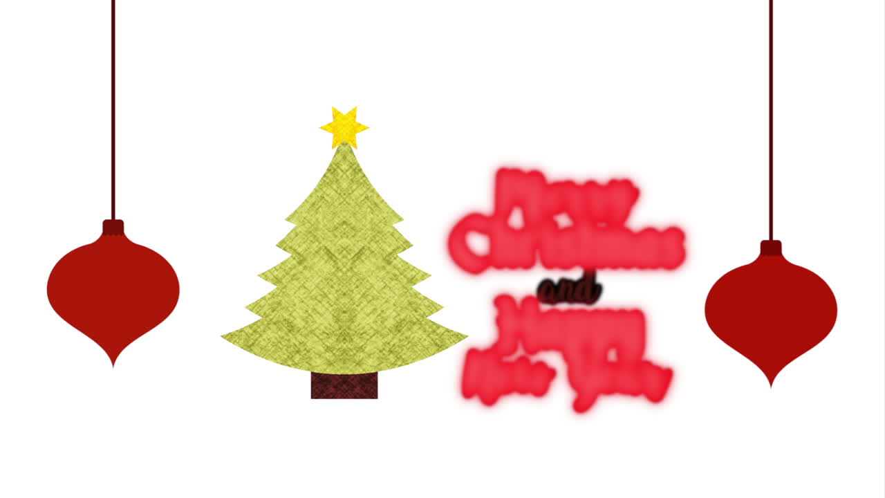 feliz tarjeta de navidad con pino y bolas colgando