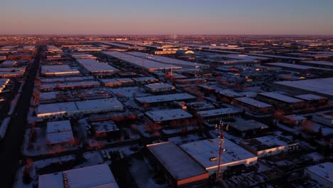 aerial shot of the warehouse district in calgary during winter