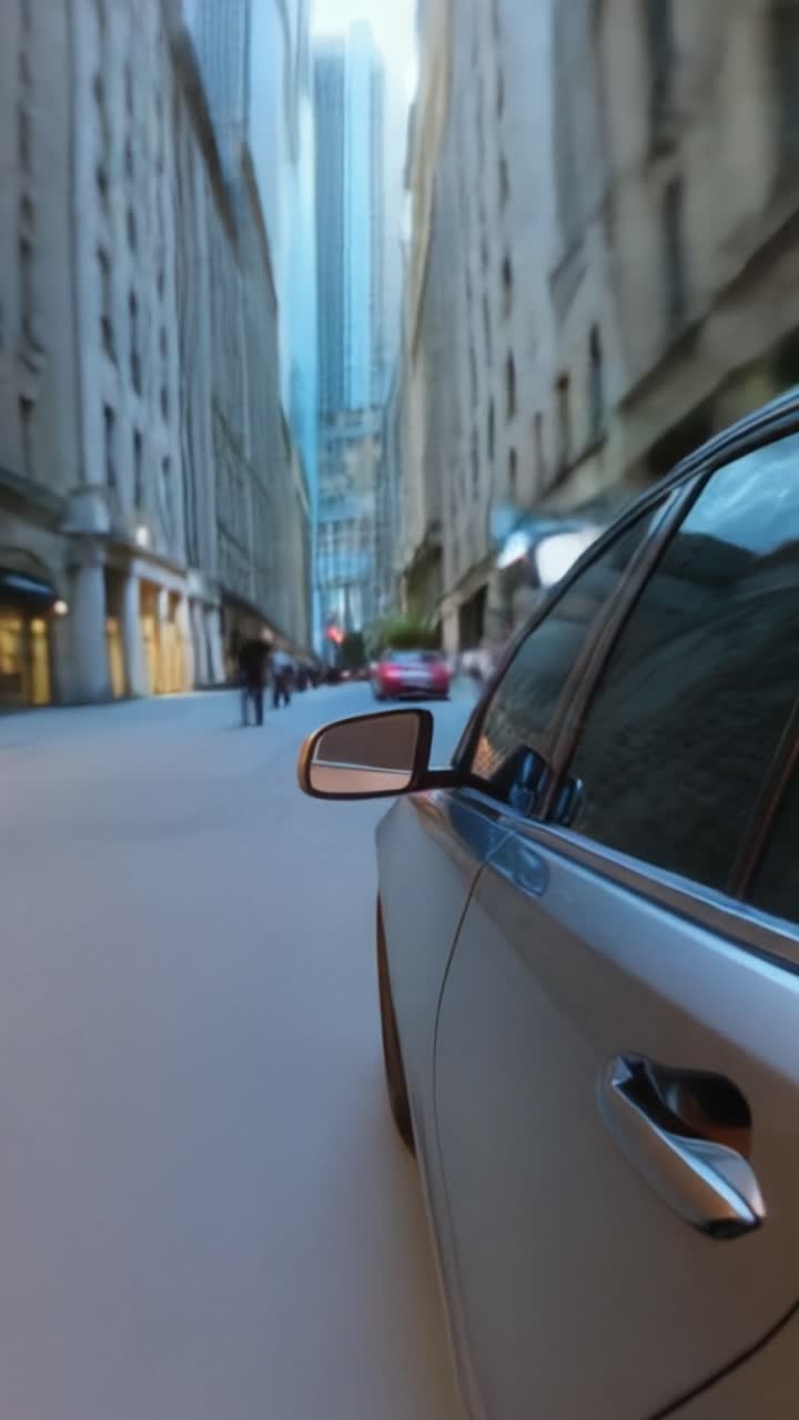 Viaggio dinamico attraverso le strade della città: catturando il movimento di un'auto su strade urbane trafficate con luci vibranti e passanti sfocati in un ambiente frenetico.