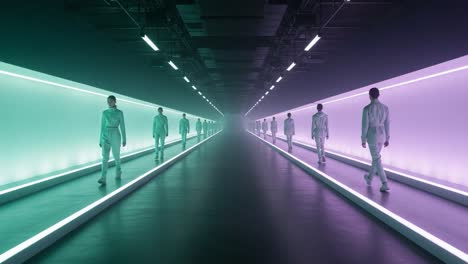 contemporary art installation showcasing futuristic figures walking through a hypnotic corridor lined with vibrant neon lights and modern aesthetic