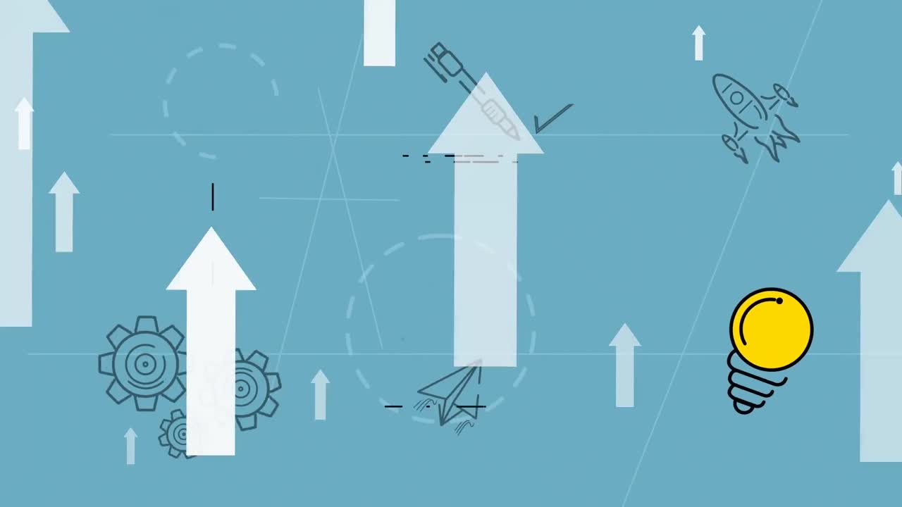 Animation of arrows over pen, gear and bulb over blue background