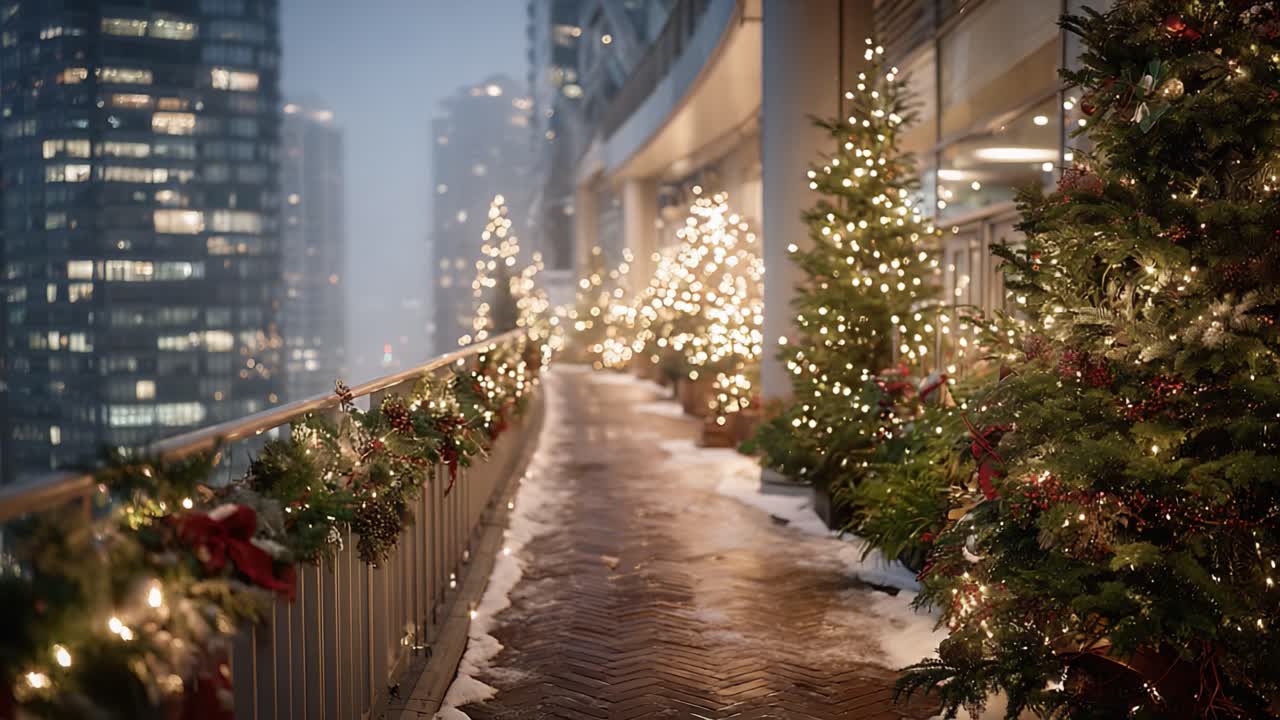 A Serene Winter Walkway Illuminated by Enchanting Holiday Lights and Adorned Christmas Trees, Creating a Magical Urban Atmosphere Perfect for Festive Celebrations