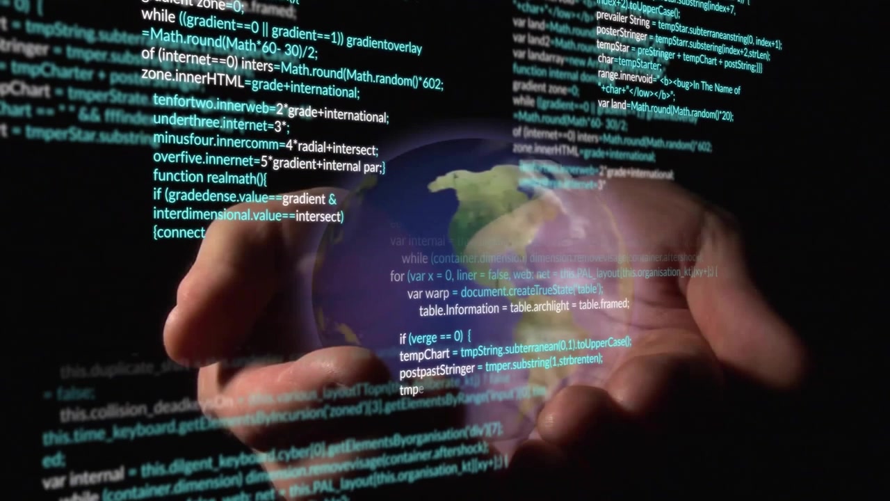 Holographic Earth Globe Floating Above Human Hands with Digital Code