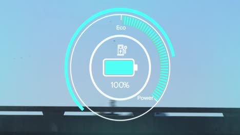 animation of car dashboard interface with data processing against time-lapse of city traffic