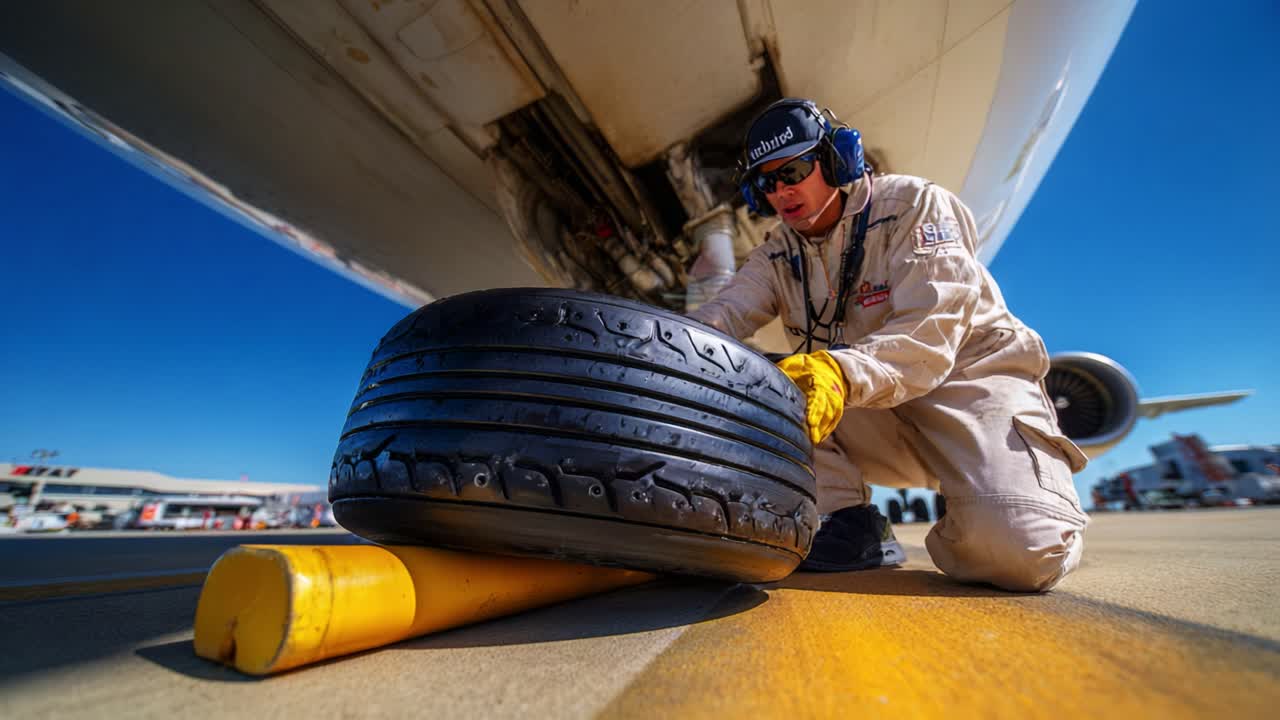 Aircraft Maintenance: A Dedicated Technician Inspects and Handles a Jet Tire During Routine Safety Procedures on the Tarmac Under Bright Sunshine in an Airport Setting