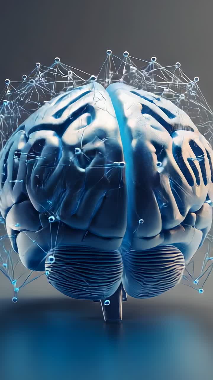 Vertical video: Initializing brain model rotating in studio with pulsing neural network reflection
