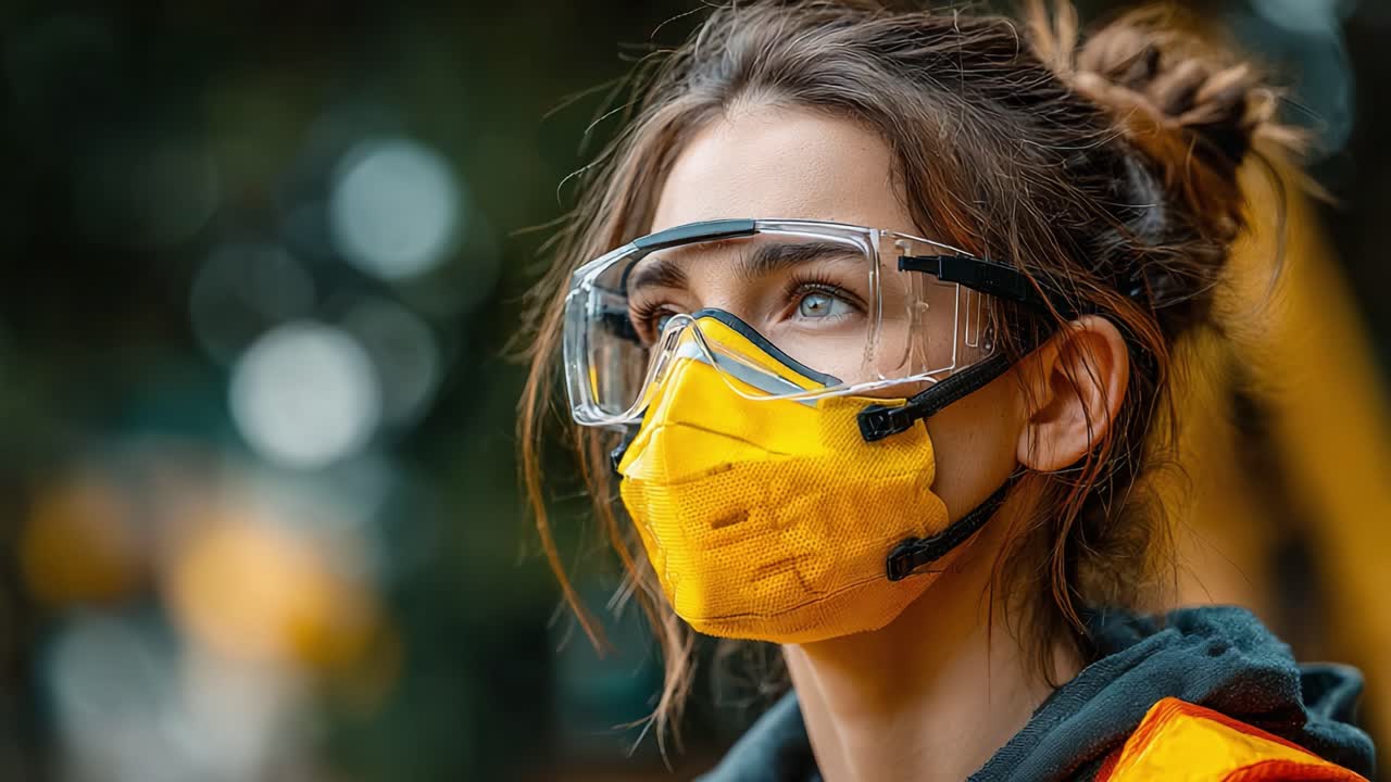 A determined individual wears protective gear, showcasing resilience and safety awareness amidst challenges, radiating focus and confidence in uncertain times