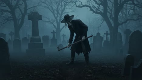 a mysterious figure in a foggy graveyard: unearthing secrets under the moonlight as shadows dance among the tombstones in the depths of the night