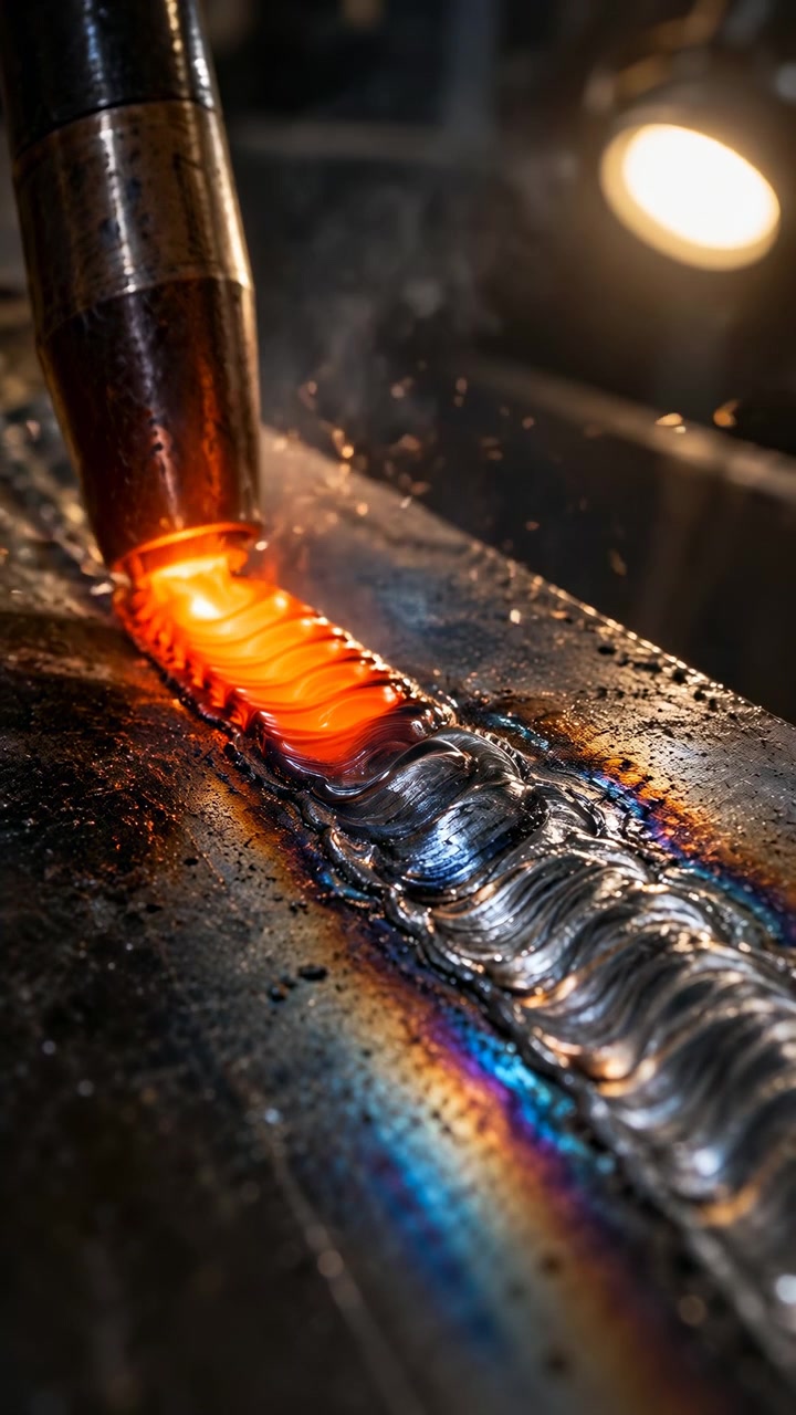 Bright orange weld pool extends beneath torch while fresh silver bead cools behind it, with scattered sparks, drifting smoke, warm task light, and blue-gold heat marks across dark metal surface.