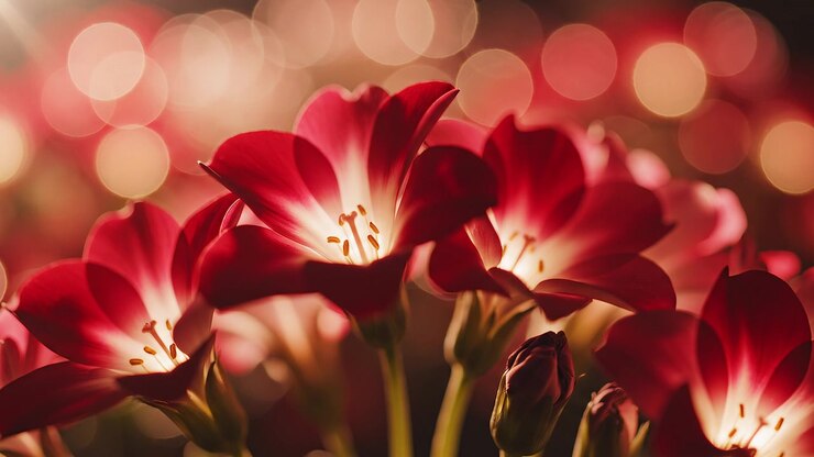 Primo piano di fiori rossi radiosi con sfondo bokeh caldo