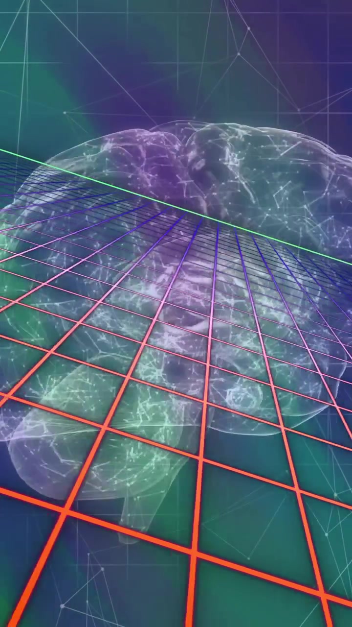 Animation of grid pattern and connected dots with digital human brain over abstract background