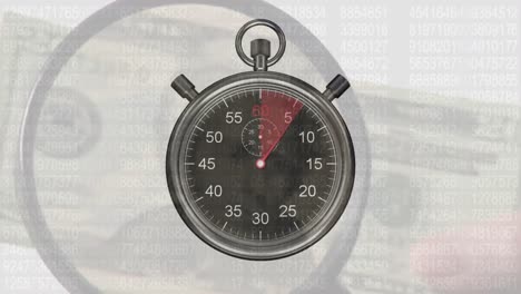 animation of stop watch ticking and magnifying glass over american dollar currency banknote