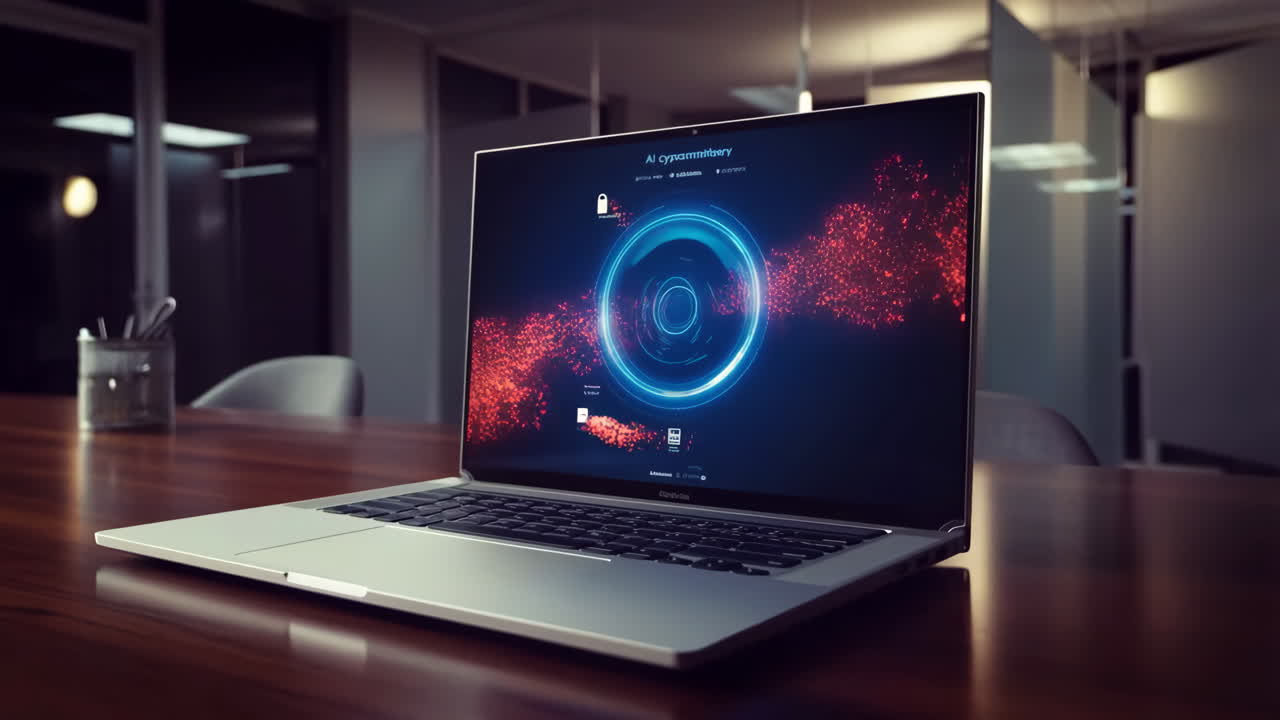 Laptop with Futuristic AI Interface in Modern Office