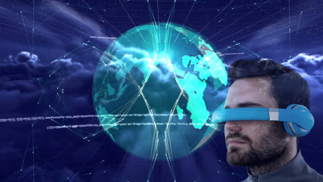 caucasian man wearing vr goggles over spinning globe and data processing against dark clouds