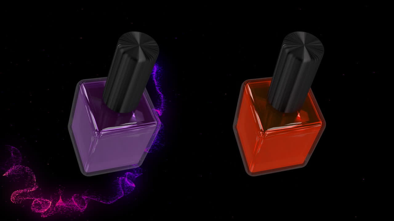 Animazione di flaconi riflettenti viola e rossi di smalto per unghie e scie luminose colorate su sfondo nero