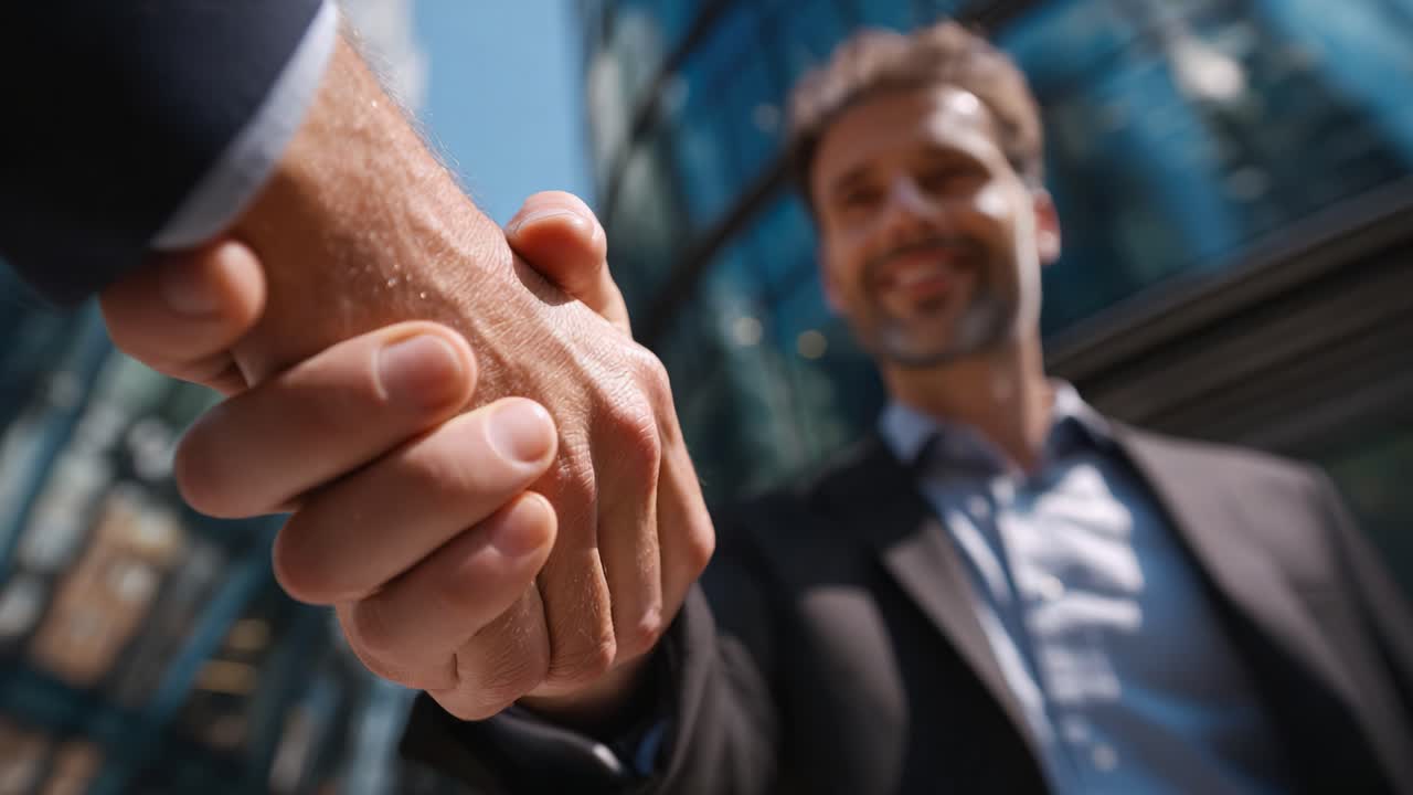 Professional handshake between two individuals signaling agreement and collaboration, set against a modern urban backdrop on a bright sunny day showcasing business success and connection