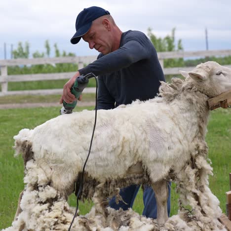 man on farm sheers sheep. shearers cutting wool at sheep ranch