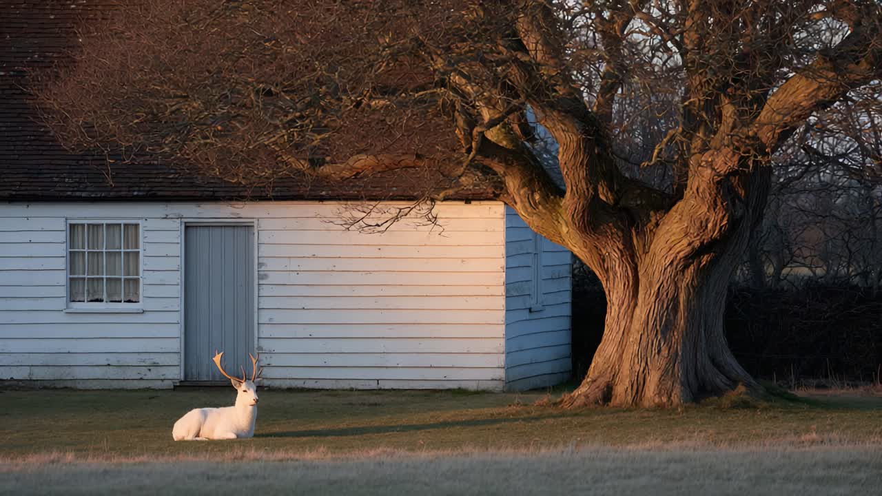 A Majestic White Deer Gracefully Resting Near a Timeless Tree, Complemented by the Serene Backdrop of a Quaint White Cottage at Sunset