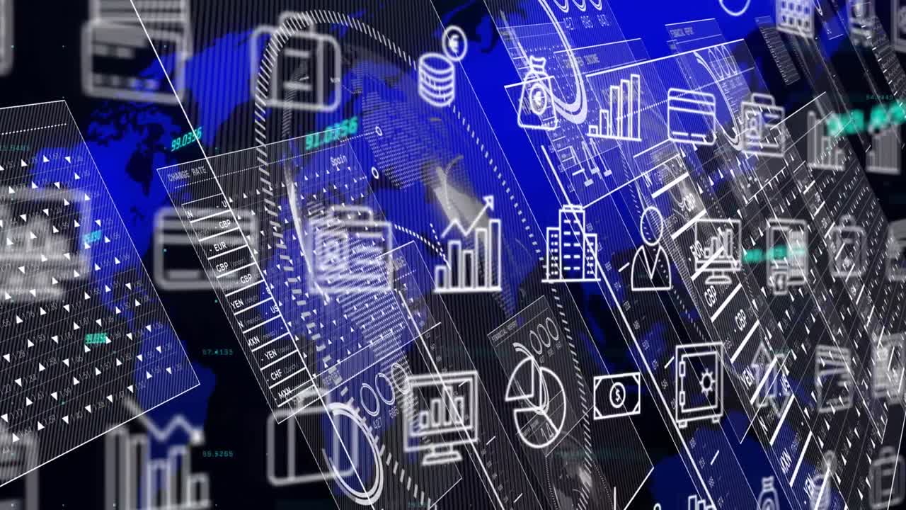 анимация карты мира и бизнес-иконки на обработке данных