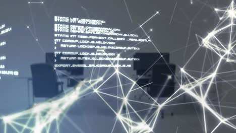 animation of network of connections and data processing against office desks