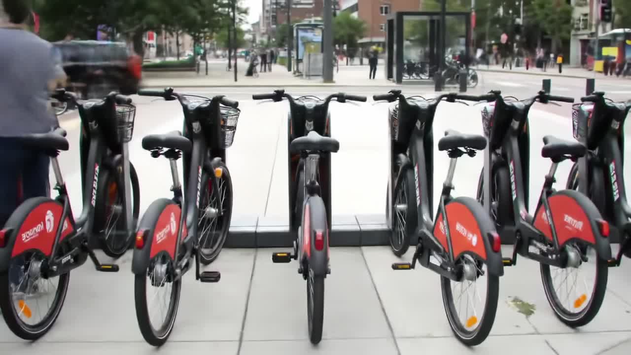 Bike Sharing Experience: A Dynamic Interaction with the Bike Rental Station in an Urban Setting Showing People Engaging with Bicycles and Commuting in a Busy Environment