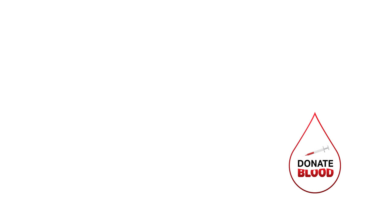 Animation of donate blood text with syringe in white blood droplet logo, on white background