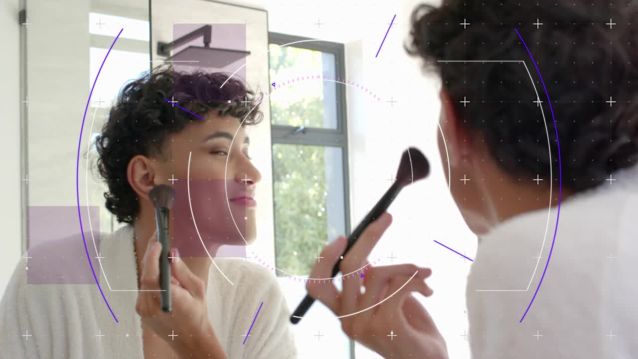 Man raising brush to face applying makeup in circular sweeps checking mirror while HUD appearing