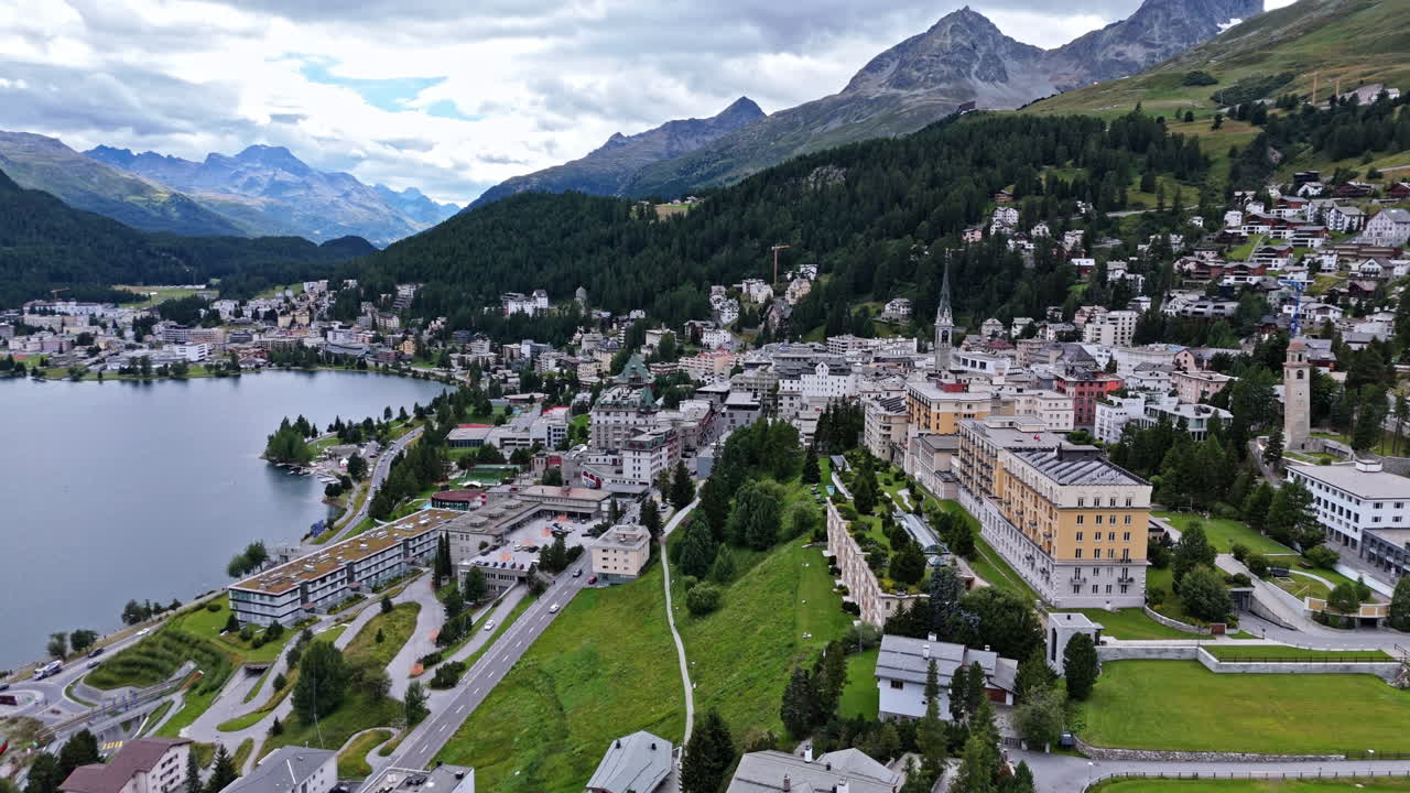 Scenic aerial view of Saint Moritz with mountains and lakes in Switzerland