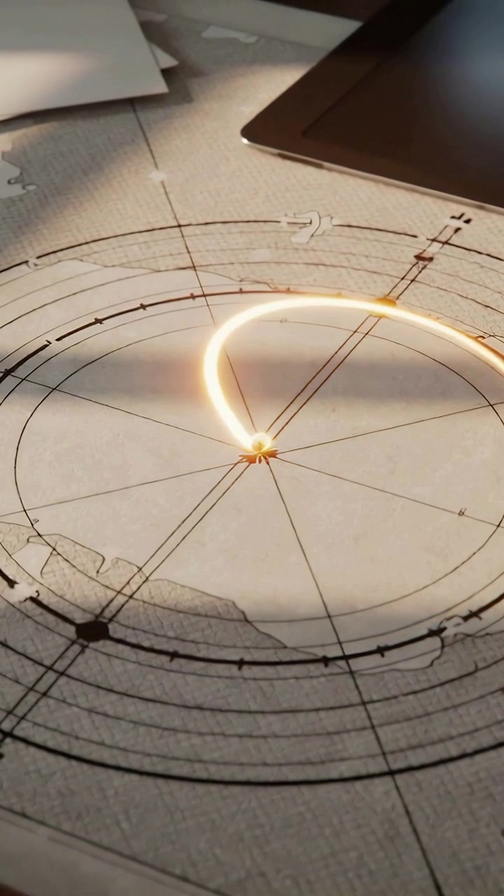Vertical video: Appearing golden point tracing arc on chart at desk, marking navigational route