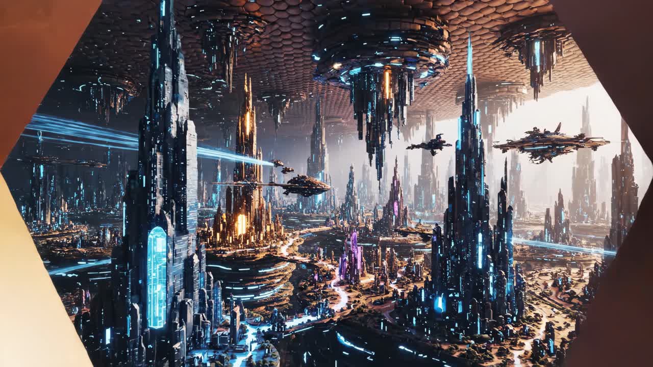 Futuristic Cityscape with Spaceships