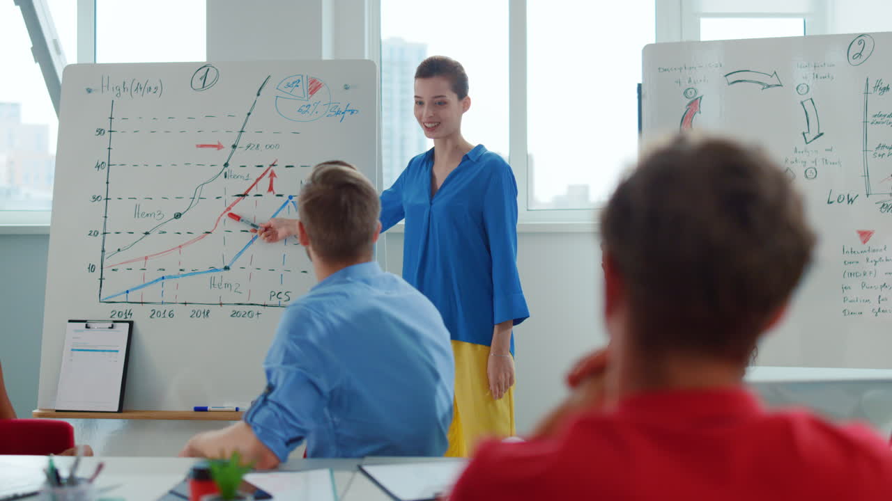 Successful woman coaching people office. Business people listening speaker.