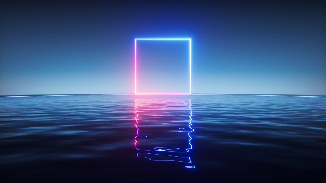 líneas de neón brillantes con fondo de superficie de agua, renderización en 3d.