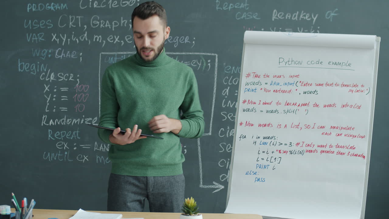 Teacher Explaining Python Code in Classroom