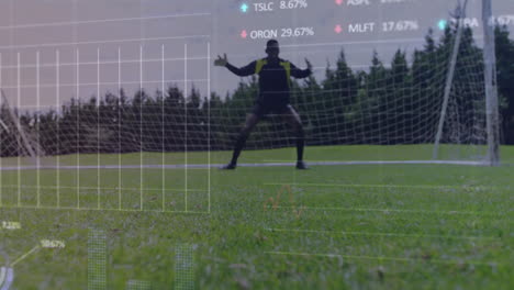 animación del procesamiento de datos financieros sobre un jugador de fútbol caucásico con una pelota