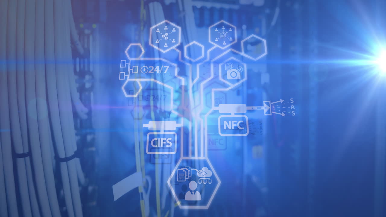 animación de iconos tecnológicos a través de cables informáticos